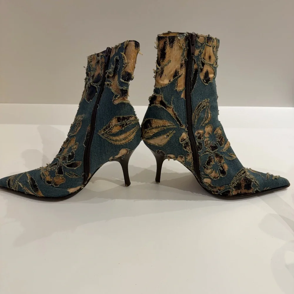 Denim Floral Embroidered Roberto Cavalli Ankle Boots - Picture 3 of 9